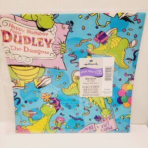 Vtg Hallmark Dudley the Green Dragon Birthday Party Blue Gift Wrapping Paper